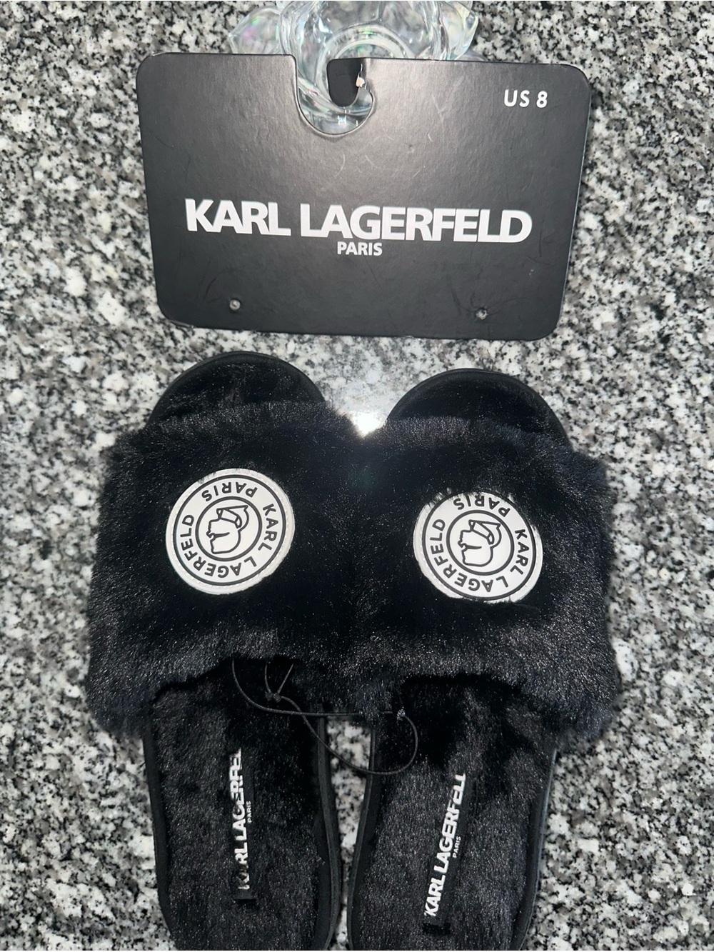 Karl Lagerfeld Black Plush Logo Slide Sandals